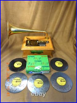 RARE SOLID OAK THORENS GRAMOPHONE AD30 4-1/2 DISC PLAYER With 5 DISCS (SEE VIDEO)