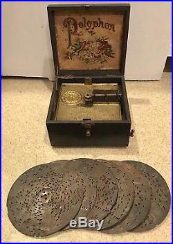 RARE Small 19th Century Polyphon 6 Inch Disc Music Box With 6 Discs