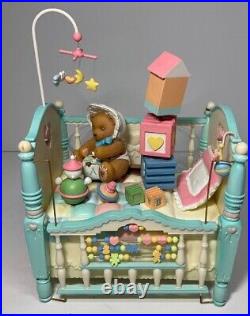 RARE Vintage Enesco Small World Of Music Brahms Lullaby Bear In Crib Music Box