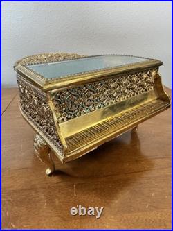 RARE Vintge Gold FILIGREE Metal Piano Shape MUSIC JEWELRY Box BEVEL Glass RARE Vintge Gold FILIGREE Metal Piano Shape MUSIC JEWELRY Box BEVEL Glass