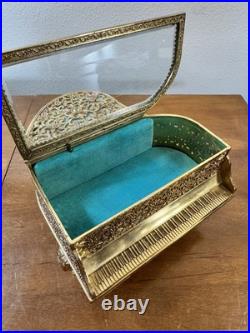 RARE Vintge Gold FILIGREE Metal Piano Shape MUSIC JEWELRY Box BEVEL Glass RARE Vintge Gold FILIGREE Metal Piano Shape MUSIC JEWELRY Box BEVEL Glass