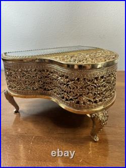 RARE Vintge Gold FILIGREE Metal Piano Shape MUSIC JEWELRY Box BEVEL Glass RARE Vintge Gold FILIGREE Metal Piano Shape MUSIC JEWELRY Box BEVEL Glass