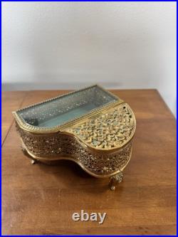 RARE Vintge Gold FILIGREE Metal Piano Shape MUSIC JEWELRY Box BEVEL Glass RARE Vintge Gold FILIGREE Metal Piano Shape MUSIC JEWELRY Box BEVEL Glass