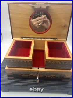 REUGE SWISS Music Jewelry Box, Lovely Marquetry Plays Music Ballerina Missing