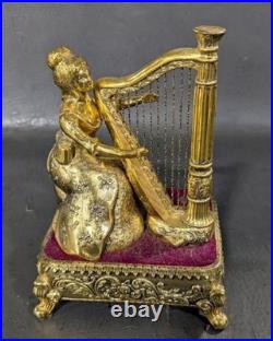 Rare Animated Westland Harp Lady Automaton Music Box Mid-Century Gilded Rare Animated Westland Harp Lady Automaton Music Box Mid-Century Gilded