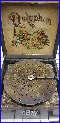 Rare Antique Polyphon German Wooden Music Box With 20 Discs! Hand Cranked Germany