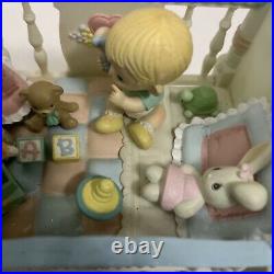 Rare Enesco Precious Moments Baby in Crib Multi Action Brahms Lullaby Music Box