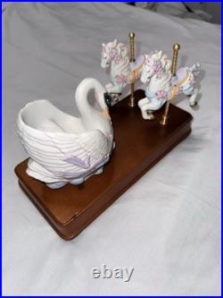 Rare SF Music Box Company Swan Carousel Animated Horses Wood Base Works