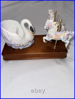 Rare SF Music Box Company Swan Carousel Animated Horses Wood Base Works