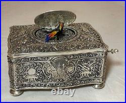 Rare antique ornate sterling silver German singing bird mechanical music box