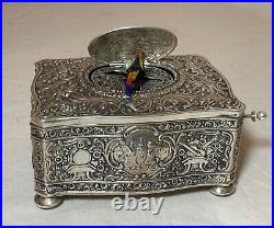 Rare antique ornate sterling silver German singing bird mechanical music box