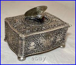 Rare antique ornate sterling silver German singing bird mechanical music box