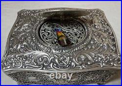 Rare antique ornate sterling silver German singing bird mechanical music box