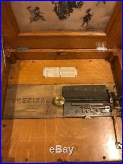 Regina double comb 15&1/2 light oak music box, base (custom made) and 40 discs