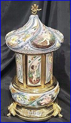 Reuge Capodimonte Carousel Music Box GOLD PLATED WithCHERUBS PLAYS GOLDEN LEAF 13