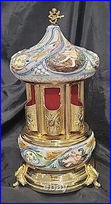 Reuge Capodimonte Carousel Music Box GOLD PLATED WithCHERUBS PLAYS GOLDEN LEAF 13