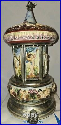 Reuge Capodimonte Porcelain Musical Lipstick Cigarette Carousel Music Box Italy
