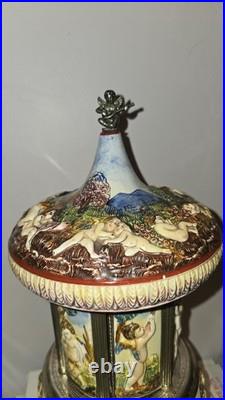 Reuge Capodimonte Porcelain Musical Lipstick Cigarette Carousel Music Box Italy