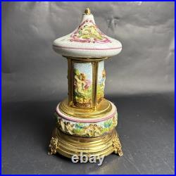 Reuge Capodimonte Porcelain Musical Lipstick Cigarette Carousel Music Box Rare