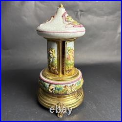 Reuge Capodimonte Porcelain Musical Lipstick Cigarette Carousel Music Box Rare
