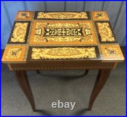 Reuge Italian Inlaid Marquetry Music Jewelry Box Sewing Side Storage Table Vtg