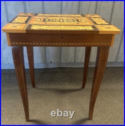 Reuge Italian Inlaid Marquetry Music Jewelry Box Sewing Side Storage Table Vtg