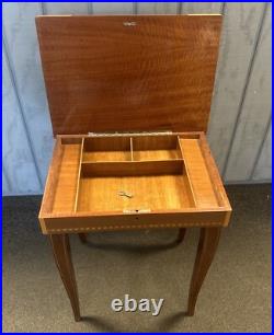 Reuge Italian Inlaid Marquetry Music Jewelry Box Sewing Side Storage Table Vtg