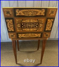 Reuge Italian Inlaid Marquetry Music Jewelry Box Sewing Side Storage Table Vtg