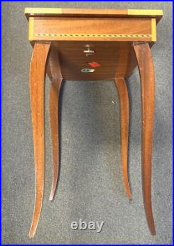 Reuge Italian Inlaid Marquetry Music Jewelry Box Sewing Side Storage Table Vtg