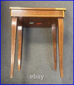 Reuge Italian Inlaid Marquetry Music Jewelry Box Sewing Side Storage Table Vtg