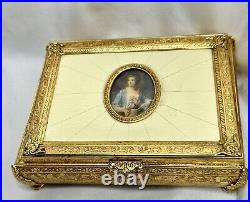 Reuge Swiss Vintage Music Jewelry Box Sgnd Portrait Miniature Ornate Gold Metal