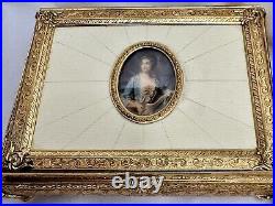 Reuge Swiss Vintage Music Jewelry Box Sgnd Portrait Miniature Ornate Gold Metal