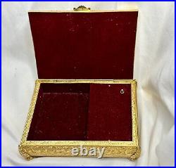 Reuge Swiss Vintage Music Jewelry Box Sgnd Portrait Miniature Ornate Gold Metal