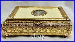 Reuge Swiss Vintage Music Jewelry Box Sgnd Portrait Miniature Ornate Gold Metal