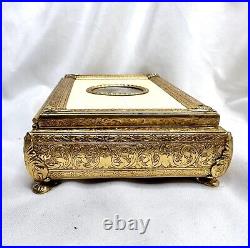 Reuge Swiss Vintage Music Jewelry Box Sgnd Portrait Miniature Ornate Gold Metal