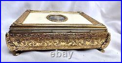 Reuge Swiss Vintage Music Jewelry Box Sgnd Portrait Miniature Ornate Gold Metal