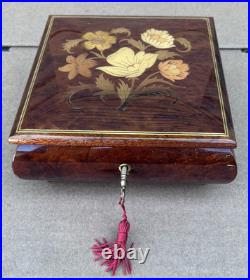 Reuge Tomorrow Wood Music Musical Jewelry Trinket Box Flower Inlay with Key
