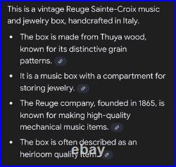 Reuge Vintage Music Box Italian Wood Wind Up Plays Wind Beneath My Wings 6308