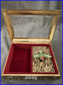 SF Music Box Co Brass Glass Flying Hummingbird Jewelry Box Works Perfectly Rare