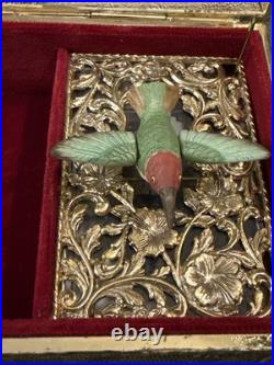 SF Music Box Co Brass Glass Flying Hummingbird Jewelry Box Works Perfectly Rare