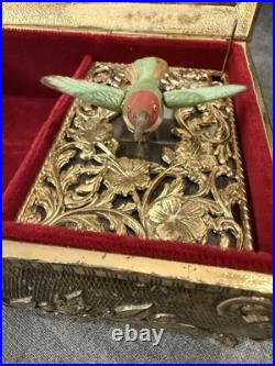 SF Music Box Co Brass Glass Flying Hummingbird Jewelry Box Works Perfectly Rare
