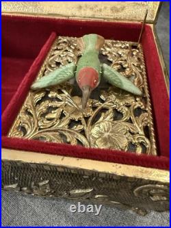 SF Music Box Co Brass Glass Flying Hummingbird Jewelry Box Works Perfectly Rare