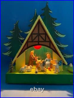 STEINBACH Music Box Christmas Nativity Light Carved Wood THORENS Germany Vintage