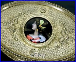 Set of French Enamel Lady Medallion Ormolu Engraved Jewelry Music Box with Clock