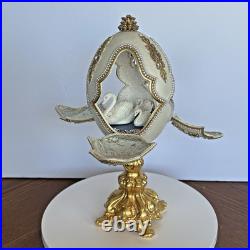 Signed Victoria Ostrich Egg Ivory Gold Tone Rhinestones Pedestal Swan Lake Music
