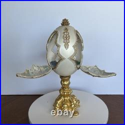 Signed Victoria Ostrich Egg Ivory Gold Tone Rhinestones Pedestal Swan Lake Music