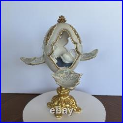 Signed Victoria Ostrich Egg Ivory Gold Tone Rhinestones Pedestal Swan Lake Music