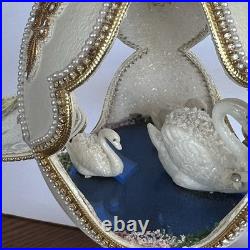 Signed Victoria Ostrich Egg Ivory Gold Tone Rhinestones Pedestal Swan Lake Music