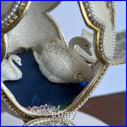 Signed Victoria Ostrich Egg Ivory Gold Tone Rhinestones Pedestal Swan Lake Music