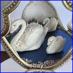 Signed Victoria Ostrich Egg Ivory Gold Tone Rhinestones Pedestal Swan Lake Music